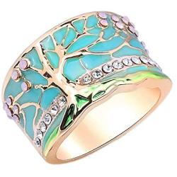 N-A Lucky Flower Tree Rings Gold Pink Opal Green Enamel Wide Ring for Woman Party Crystal Vintage Jewelry