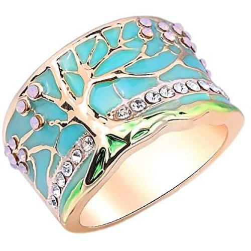 N-A Lucky Flower Tree Rings Gold Pink Opal Green Enamel Wide Ring for Woman Party Crystal Vintage Jewelry