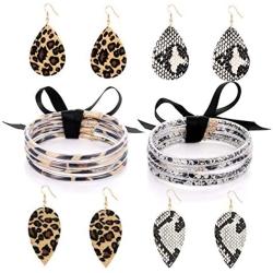 Leopard Print Bangle Bracelet Drop Earrings for Women Cheetah Leather Snakeskin Print Jewelry Set