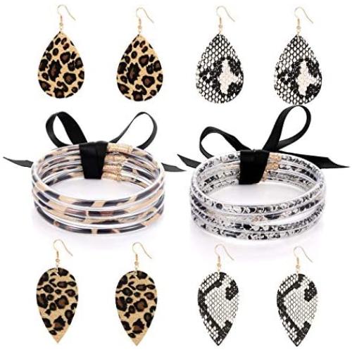 Leopard Print Bangle Bracelet Drop Earrings for Women Cheetah Leather Snakeskin Print Jewelry Set