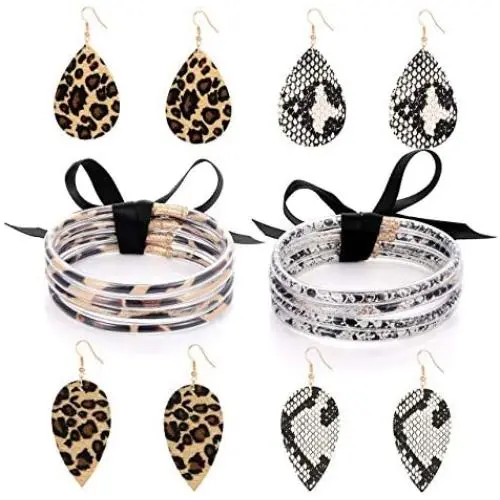 Leopard Print Bangle Bracelet Drop Earrings for Women Cheetah Leather Snakeskin Print Jewelry Set