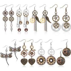 8 Pairs Steampunk Drop Earrings Gear Dangle Earrings Antique Clockwork Earrings Vintage Mix-tone Earrings for Women Girls
