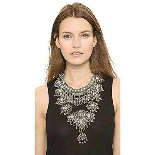 Zhenhui Statement Necklace for Women - Fashion Silver Long Bohemian Indian Jewelry Oxidized Chunky Necklace for Women Big Bib Ethnic Costume Jewelry (1)