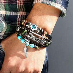 TOMLEE Evil Eye Bracelet Bohemian Genuine Leather Charm Bracelet for Women Men Vintage Multilayer Adjustable Rope Beaded String Bracelets Handmade Braid Knot Jewelry