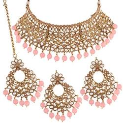 I Jewels 18k Gold Plated Indian Bollywood Wedding Faux Beads Choker Jewelry Set with Maang Tikka for Women