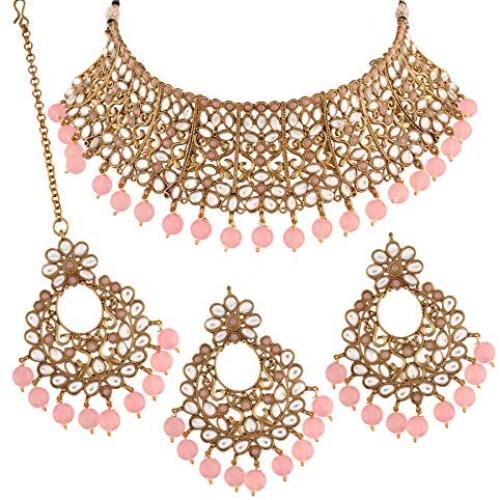 I Jewels 18k Gold Plated Indian Bollywood Wedding Faux Beads Choker Jewelry Set with Maang Tikka for Women