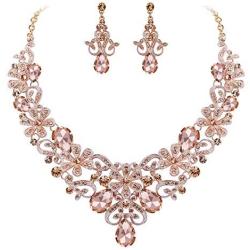 BriLove Womens Costume Elegant Crystal Flower Scroll Teardrop Statement Necklace Dangle Earrings Set