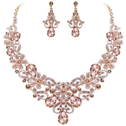 BriLove Womens Costume Elegant Crystal Flower Scroll Teardrop Statement Necklace Dangle Earrings Set