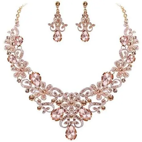 BriLove Womens Costume Elegant Crystal Flower Scroll Teardrop Statement Necklace Dangle Earrings Set BriLove Womens Costume Elegant Crystal Flower Scroll Teardrop Statement Necklace Dangle Earrings Set