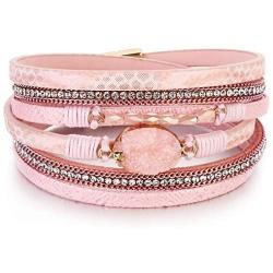 FANCY SHINY Leather Wrap Bracelet Boho Cuff Bracelets Crystal Bead Bracelet with Magnetic Clasp Jewelry Gifts for Women Teen Girls