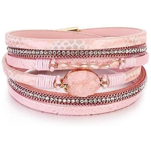 FANCY SHINY Leather Wrap Bracelet Boho Cuff Bracelets Crystal Bead Bracelet with Magnetic Clasp Jewelry Gifts for Women Teen Girls