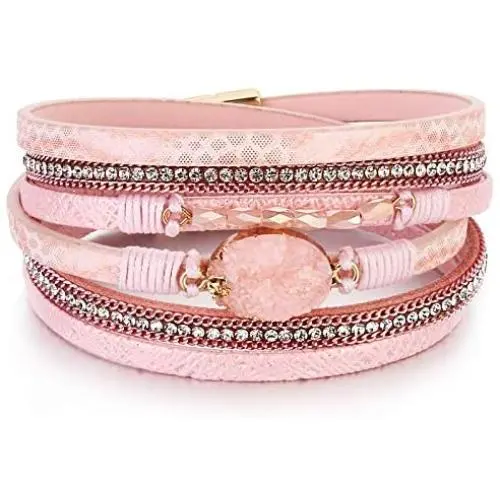 FANCY SHINY Leather Wrap Bracelet Boho Cuff Bracelets Crystal Bead Bracelet with Magnetic Clasp Jewelry Gifts for Women Teen Girls
