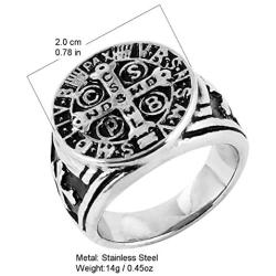 HZMAN Men Women St Benedict Exorcism Ring Silver Stainless Steel Catholic Roman Cross Demon Protection Ghost Hunter