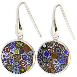 Millefiori Glass Round Dangle Earrings''Multicolor'' Flower - Silver - Murano Glass Fashion Earrings For Women