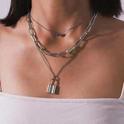 Salircon Layered Necklace Lock Key Pendant Punk Long Chain Statement Choker for Women Men Teen Girls