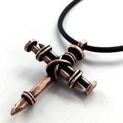 FORGIVEN JEWELRY Wire Wrapped Three Nails Copper Cross Necklace on Black Rubber Cord