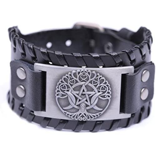 Pagan Triple Moon Goddess Pentagram Tree of Life Leather Bracelet for Men/Women Amulet Jewelry