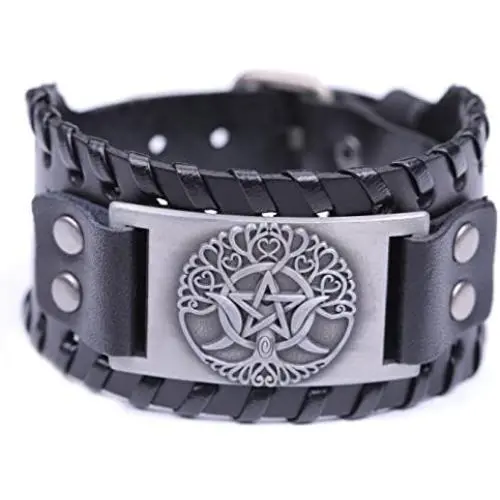 Pagan Triple Moon Goddess Pentagram Tree of Life Leather Bracelet for Men/Women Amulet Jewelry Pagan Triple Moon Goddess Pentagram Tree of Life Leather Bracelet for Men/Women Amulet Jewelry
