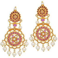Aheli Classy Wedding Party Flower Design Crafted Faux Pearl and Colored Stone Studded Drop Dangle Earrings Ethnic Indian Fashion Jewelry for Women