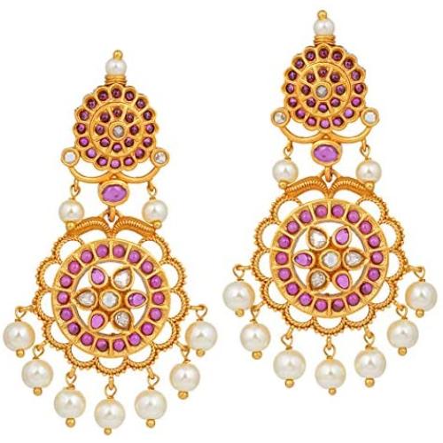 Aheli Classy Wedding Party Flower Design Crafted Faux Pearl and Colored Stone Studded Drop Dangle Earrings Ethnic Indian Fashion Jewelry for Women