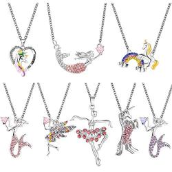 Hicarer 8 Pieces Mermaid Necklace Unicorn Pendant Necklace Cute Fairy Necklace Crystal Pendant Necklaces for Princess Jewelry