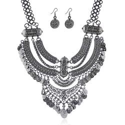 LZHLQ Fashion Bib Necklace for girl Bohemian Coin Statement Necklace and earrings Punk Ethnic Style Jewelry Set for Women