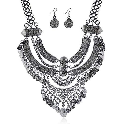 LZHLQ Fashion Bib Necklace for girl Bohemian Coin Statement Necklace and earrings Punk Ethnic Style Jewelry Set for Women