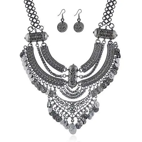 LZHLQ Fashion Bib Necklace for girl Bohemian Coin Statement Necklace and earrings Punk Ethnic Style Jewelry Set for Women LZHLQ Fashion Bib Necklace for girl Bohemian Coin Statement Necklace and earrings Punk Ethnic Style Jewelry Set for Women