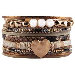 AZORA Leather Cuff Bracelet Multi Strands Beige Wrap Bangle with Pearl Boho Jewelry for Women Teen Girl Gift