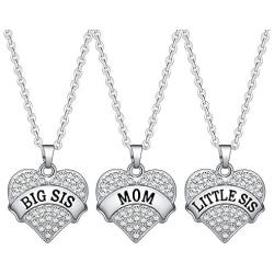 BESPMOSP Big Sis Lil Sis Mom Crystal Heart Pendant Necklace Set Gift for Sister Mothers Day Gift Family Jewelry