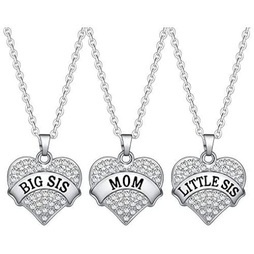 BESPMOSP Big Sis Lil Sis Mom Crystal Heart Pendant Necklace Set Gift for Sister Mothers Day Gift Family Jewelry