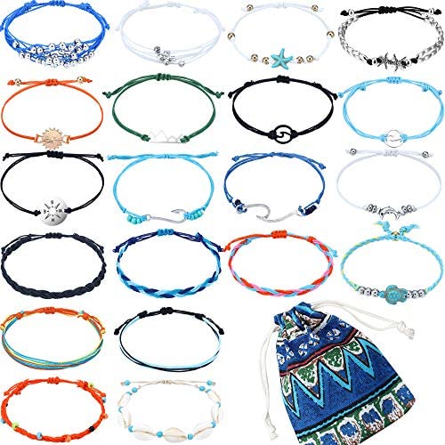 20 Pieces Wave Strand Turtle Starfish Bracelet Anklet Set Handmade Adjustable Friendship Bracelet Handcrafted Bohemian Beach Braided Bracelet for Women Girl