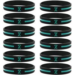 Inkstone (12-Pack) Teal Awareness Ribbon Silicone Bracelets - Wholesale Pack of 1 Dozen Unisex Wristbands for Men Women
