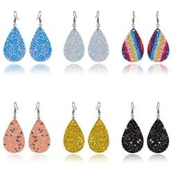 6 Pairs Punk Leather Dangle Earrings Sparkling Double Side Sequins Teardrop Leather Earrings Boho Lightweight Leather Drop Earring Set for Women and Girls