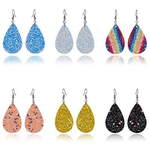 6 Pairs Punk Leather Dangle Earrings Sparkling Double Side Sequins Teardrop Leather Earrings Boho Lightweight Leather Drop Earring Set for Women and Girls