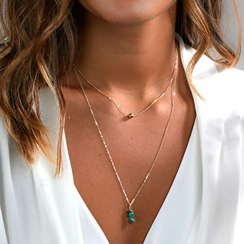 Gortin Choker Layer Necklace Boho Turquoise Pendant Necklaces Beads Chain Jewelry for Women and Girls (Silver)