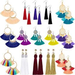 15 Pairs Tassel Earrings for Women Long Colorful Layered Thread Ball Dangle Earrings Yellow Red Fashion Jewelry Valentine Birthday Gifts Christmas (Style 1)