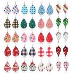 Finrezio 20 Pairs Christmas Leather Earrings for Women Lightweight Petal Plaid Teardrop Dangle Earrings Xmas Jewelry