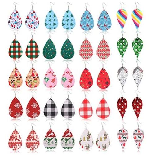 Finrezio 20 Pairs Christmas Leather Earrings for Women Lightweight Petal Plaid Teardrop Dangle Earrings Xmas Jewelry