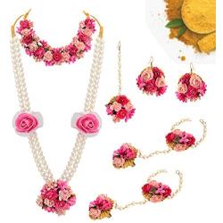 Zephyrr Traditional Floral Fashion Jewellery Neckalce Set, Earrings, Maang Tiika, Bracelet, Ring For Women Haldi, Mehendi, Baby Shower Occasion