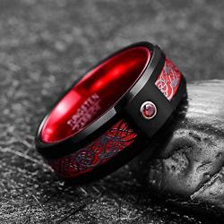 TUNGSTORY 8mm Tungsten Carbide Wedding Ring with Silver Celtic Dragon and Red Carbon Fiber Inlay Beveled Edge Comfort Fit Size 6-16