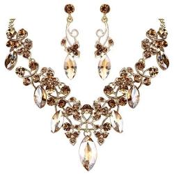 BriLove Womens Costume Fashion Crystal Floral Vine Leaf Statement Necklace Dangle Earrings Set