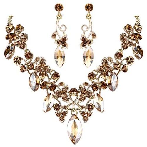 BriLove Womens Costume Fashion Crystal Floral Vine Leaf Statement Necklace Dangle Earrings Set