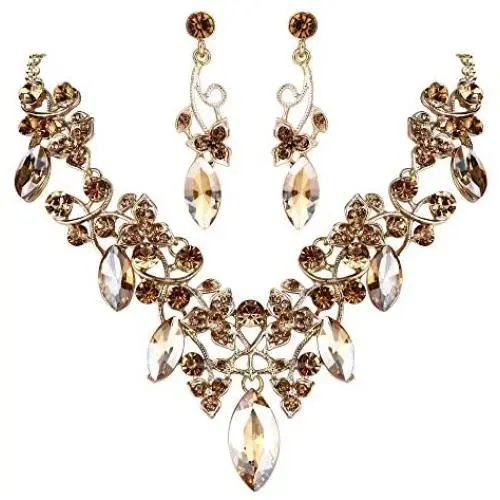 BriLove Womens Costume Fashion Crystal Floral Vine Leaf Statement Necklace Dangle Earrings Set BriLove Womens Costume Fashion Crystal Floral Vine Leaf Statement Necklace Dangle Earrings Set