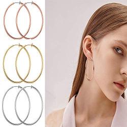 Udalyn 3 Pairs Stainless Big Hoop Earrings Set Clip On Hoop Earrings For Women Large Non Pierced Earring Jewelry 40/50/60mm