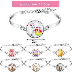 Hicarer 13 Pieces Easter Rabbit Bracelet Dome Glass Jewelry Easter Silver Rabbit Bracelet Bunny and Egg Themed Bracelets for Women Girls