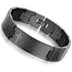Flongo Mens Vintage Stainless Steel Black Cross English Bible Lords Prayer Link Wrist Bracelet for Men