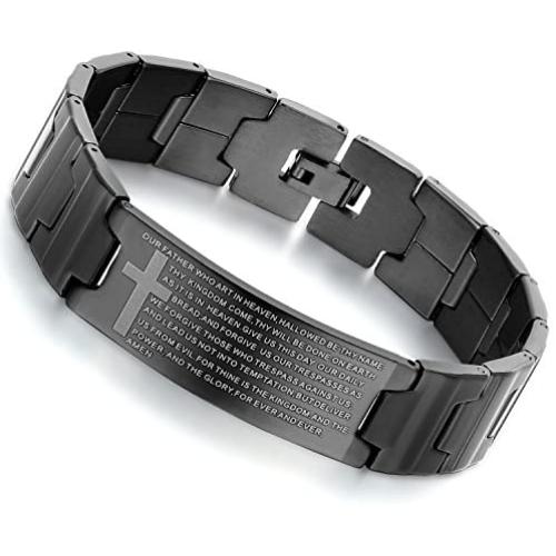 Flongo Mens Vintage Stainless Steel Black Cross English Bible Lords Prayer Link Wrist Bracelet for Men