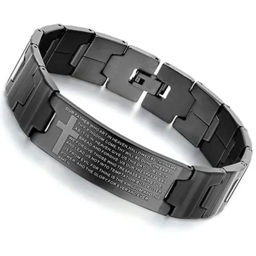 Flongo Mens Vintage Stainless Steel Black Cross English Bible Lords Prayer Link Wrist Bracelet for Men