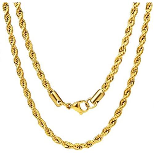 Three Keys Jewelry Mens 18K Gold Plated Rope Chain for Men 4mm Stainless Steel Gold Chain Necklace Long Layered Big Gold Necklaces for Boys